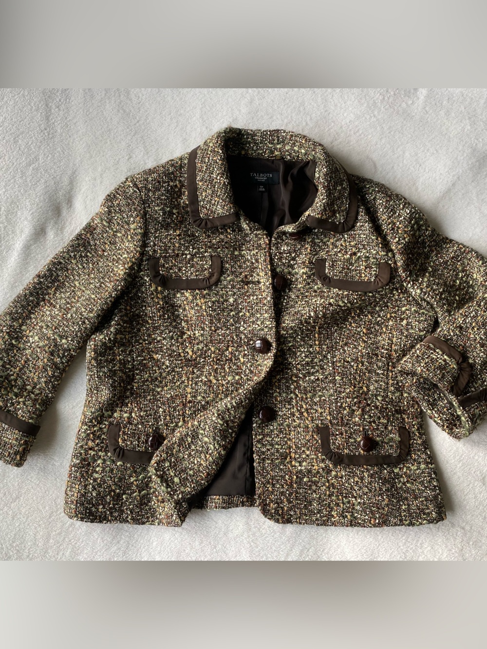 Talbots Tweed Boucle Jacket Brown Green Button Front 12P - Picture 9 of 16